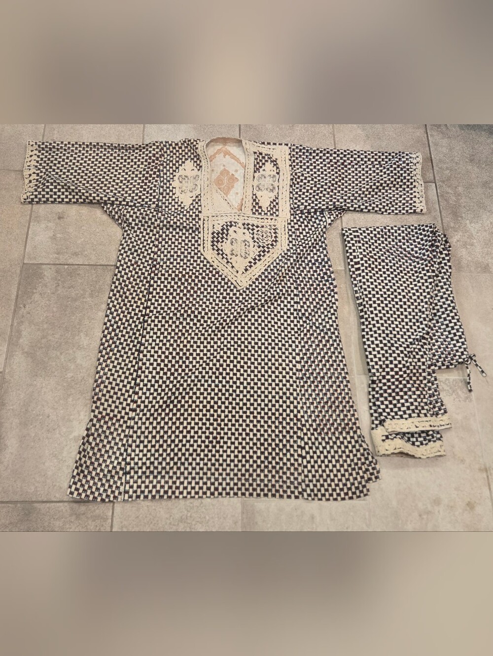 Vintage North African 2 Piece Tunic Pants Kaftan Morocco Boho Embroidered